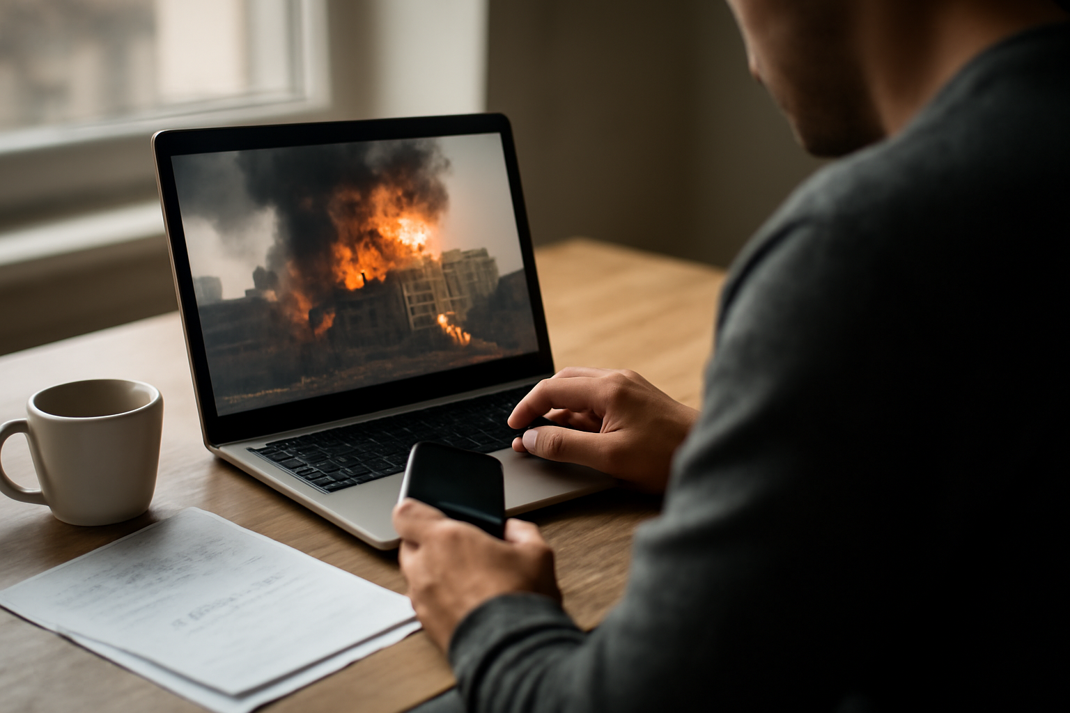 Seseorang sedang memverifikasi video viral bencana alam di laptop dan ponsel