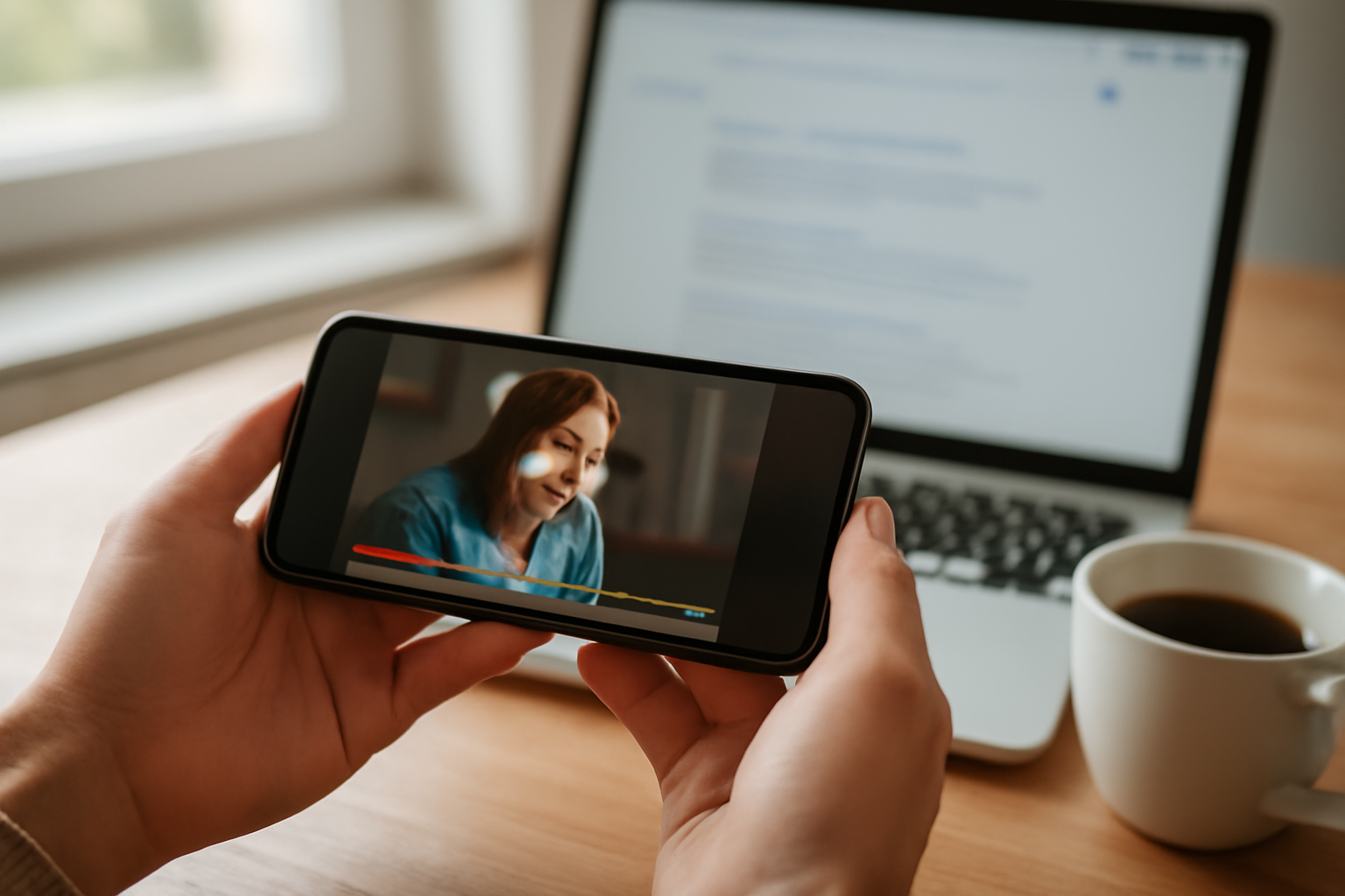 Seseorang memeriksa video viral di ponsel sambil membuka laptop untuk mencari sumber aslinya