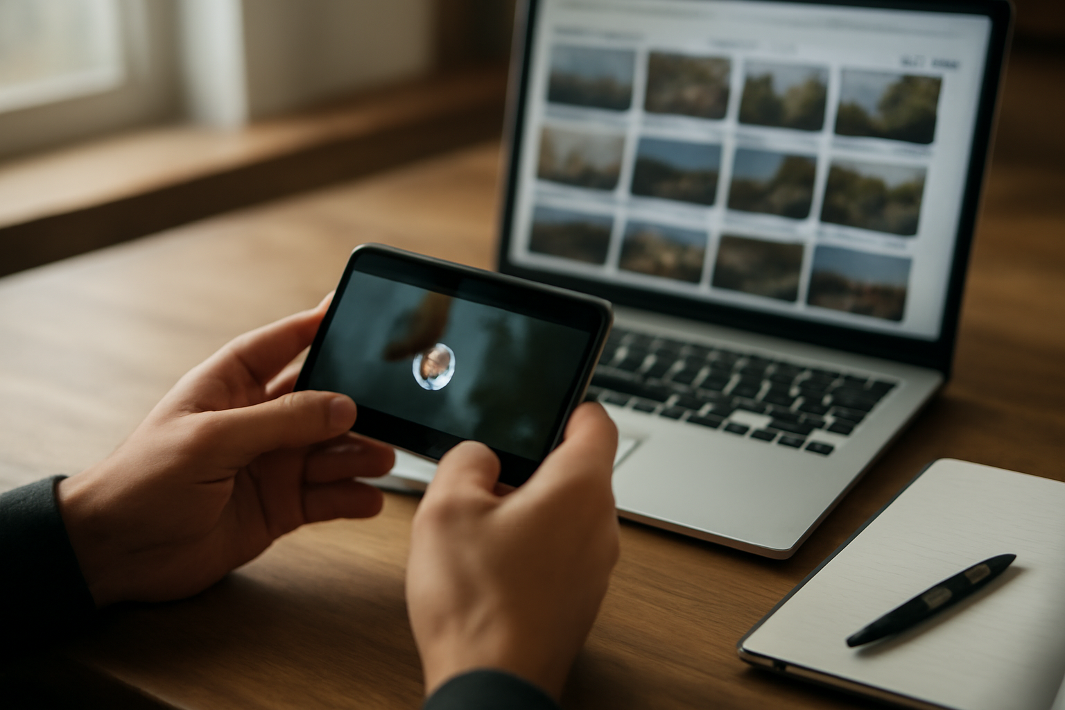 Seseorang memeriksa video viral di ponsel sambil membuka pencarian gambar di laptop