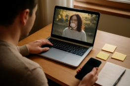 Seseorang memeriksa konten viral di laptop dan ponsel sebelum membagikannya
