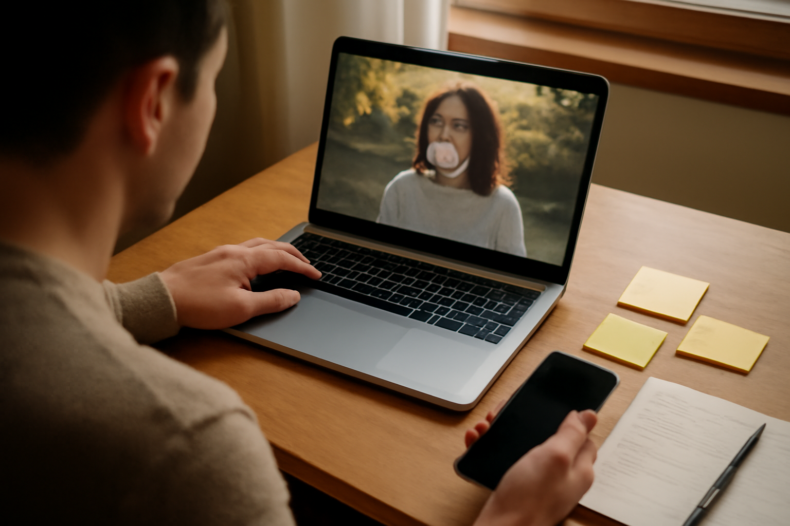 Seseorang memeriksa konten viral di laptop dan ponsel sebelum membagikannya