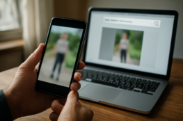 Seseorang memeriksa foto viral di ponsel dengan bantuan pencarian gambar terbalik di laptop.