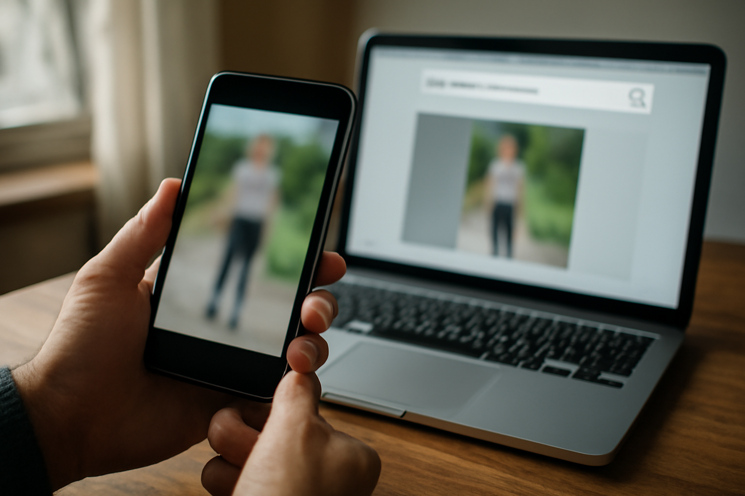Seseorang memeriksa foto viral di ponsel dengan bantuan pencarian gambar terbalik di laptop.